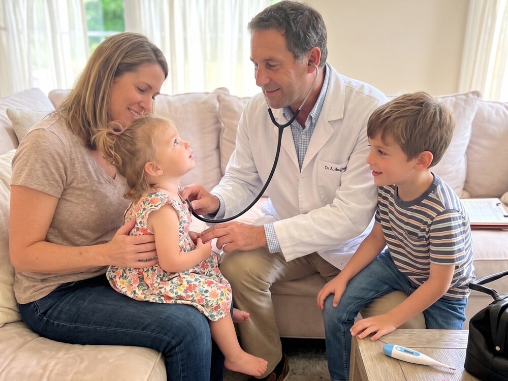 Dr. Alan Hughes, pediatra, durante una consulta a domicilio con una familia en Zona Norte